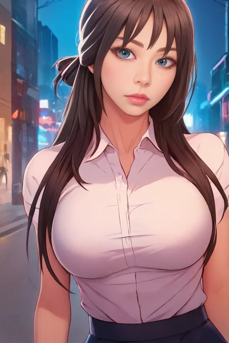 Li-Da JOO, score_9, score_8, score_7, source_anime, an image of LiDaJooDove woman, zPDXL2, 1woman, half updo, choppy bangs, white collared sleeveless blouse, black skirt, upper body, looking at viewer, city street, late at night, <lora:LiDaJooDove9:1>, long hair, perfect blue eyes