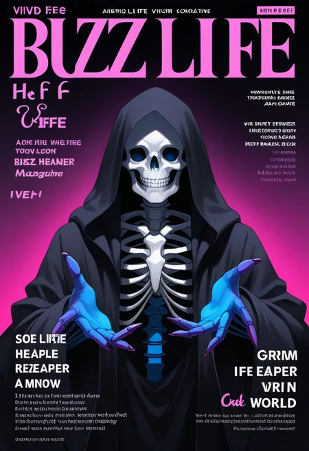 masterpiece, best quality, very aesthetic,, a magazine cover, (titled BUZZ LIFE:1.2), English text, featuring the grim reaper wearing a flowing black robe, male, (skeleton hands:0.8), reaching towards viewer, vivid color pallet, bizarre and unusual.