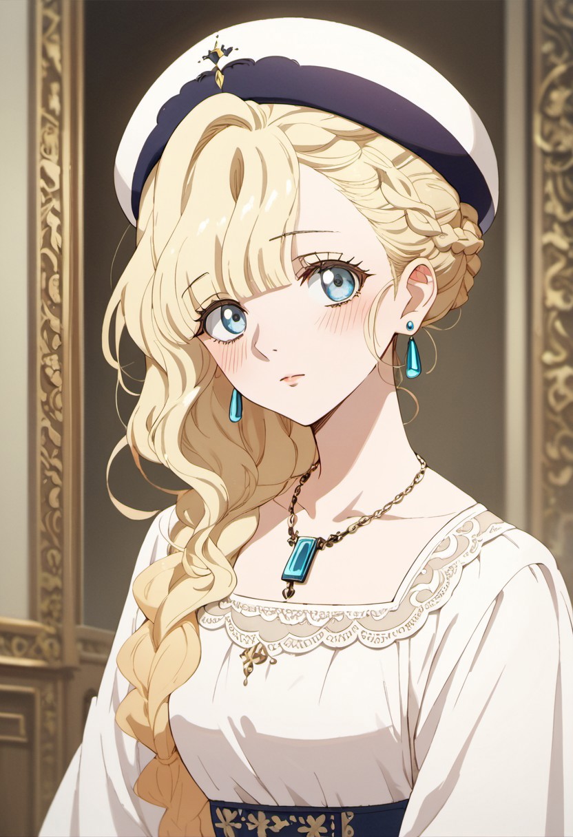 score_9, score_8_up, score_7_up, source_anime, elianna bernstein, blonde hair, long hair, blue eyes, 1girl, solo, jewelry, earrings, braid, blush, necklace, anime coloring, hat, looking at viewer