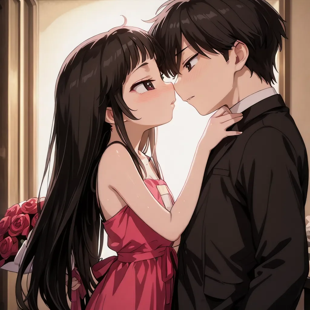 nsfw, highres, best quality, masterpiece, masterpiece, absurdres, newest, perfect quality, best quality, absolutely eye-catching, couple, 1boy, 1girl, couple, romance, hetero, looking at another, imminent kiss, blushing, \(holding bouquet of roses\), suit, red dress, detailed background, indoors, valentine's day, cinematic lighting, vibrant colors, close up, Rin Kokonoe, Short black hair, Large, dark eyes, Fair skin, Small stature, Young appearance, Simple clothing, Often seen in casual outfits, Unadorned look, Short bangs, Slim build, kokonoe rin
