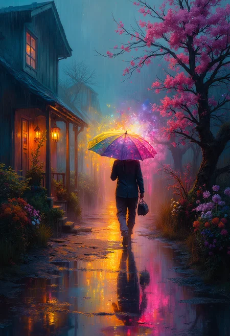 A beautiful Rainy Country Village, A villager walking into the scene holding an umbrella that produces a glow that contrasts with the rest of the scene, Vibrant Glow