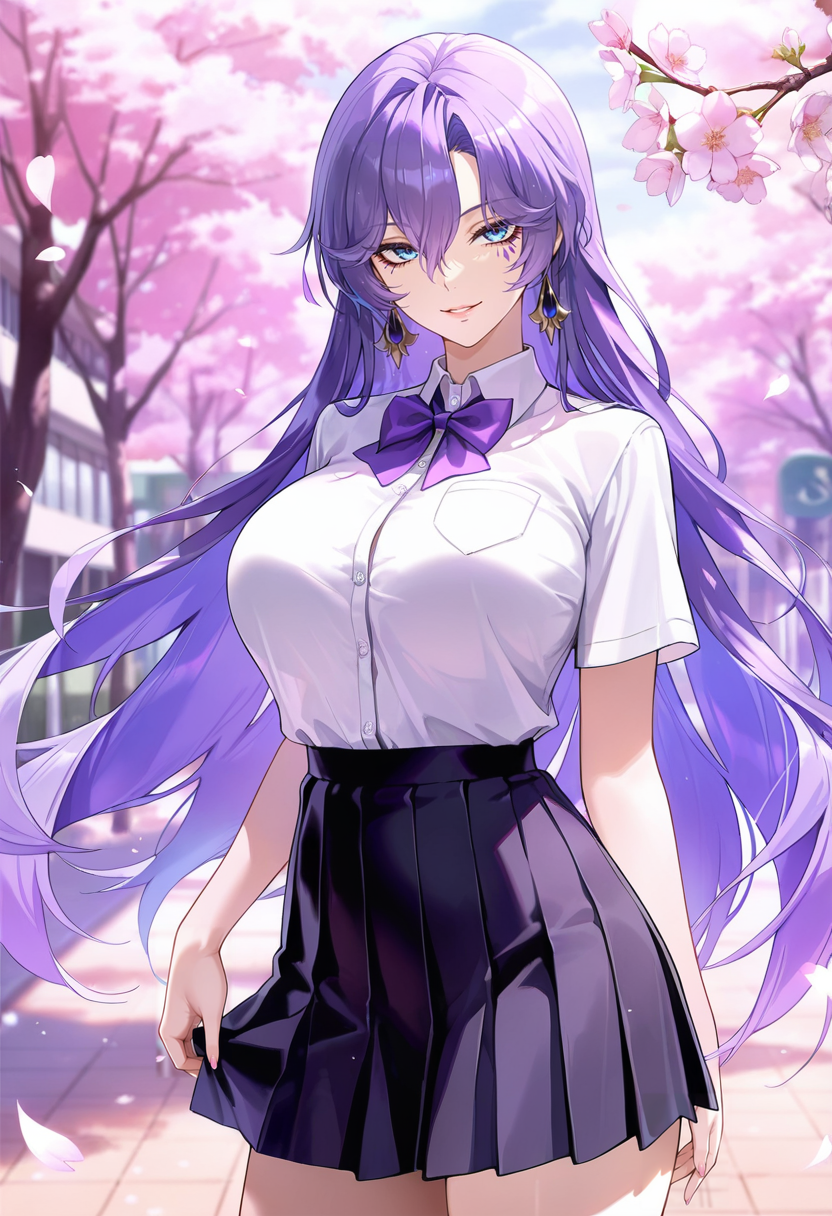 masterpiece, best quality, amazing quality,cantarella, blue eyes, purple hair, hair between eyes, purple under eye one facial mark,1girl, long hair, breasts, solo, large breasts,school uniform,pleated skirt,white shirt, black skirt, purple bow,short sleeves, parted lips, light smile, standing, looking at viewer, cowboy shot, blurry background, outdoors, school, cherry blossoms  <lora:cantarellaV1:0.8>