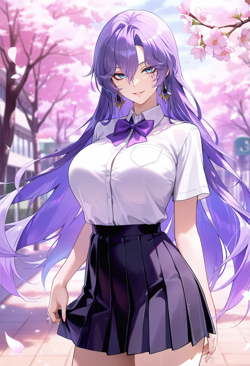 masterpiece, best quality, amazing quality,cantarella, blue eyes, purple hair, hair between eyes, purple under eye one facial mark,1girl, long hair, breasts, solo, large breasts,school uniform,pleated skirt,white shirt, black skirt, purple bow,short sleeves, parted lips, light smile, standing, looking at viewer, cowboy shot, blurry background, outdoors, school, cherry blossoms <lora:cantarellaV1:0.8>