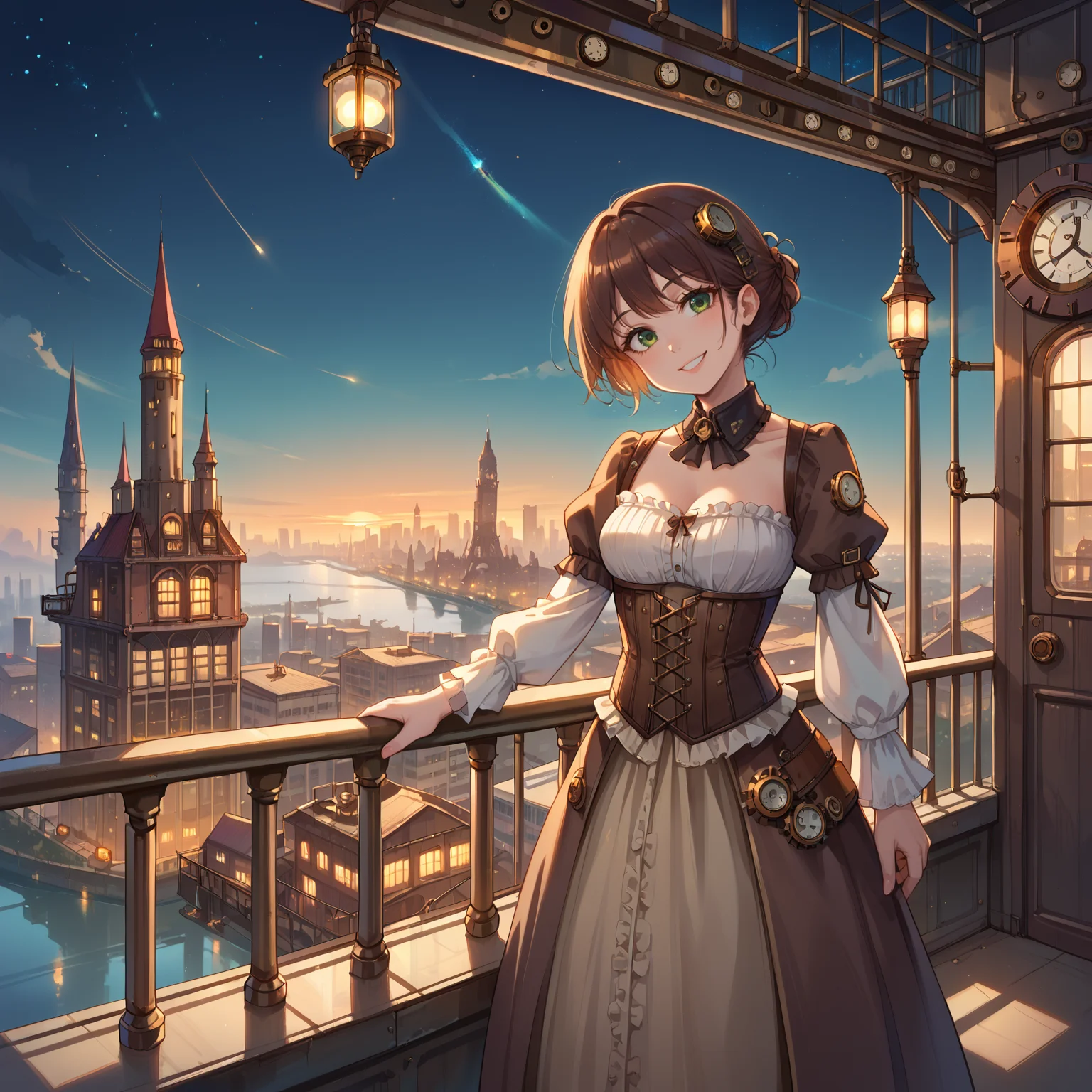 score_9, score_8_up, score_7_up,source_anime, <lora:Steampunk_city_background:0.6> stcib, steampunk, lookout point, cityscape, city lights, railing, river, night, starry sky, sunrise, BREAK 1girl, green eyes, steampunk, dress, brown corset, smile, head tilt, leaning against railing
