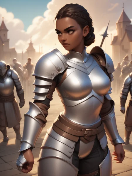 <lora:2.5DStylePonyDiffusionV6XL_V0.1:0.6>,score_9,score_8_up,score_7_up,score_6_up,score_5_up,score_4_up,woman in armor standing in a battlefield,armor,dark skin,medieval,fantasy,solo focus,epic,
