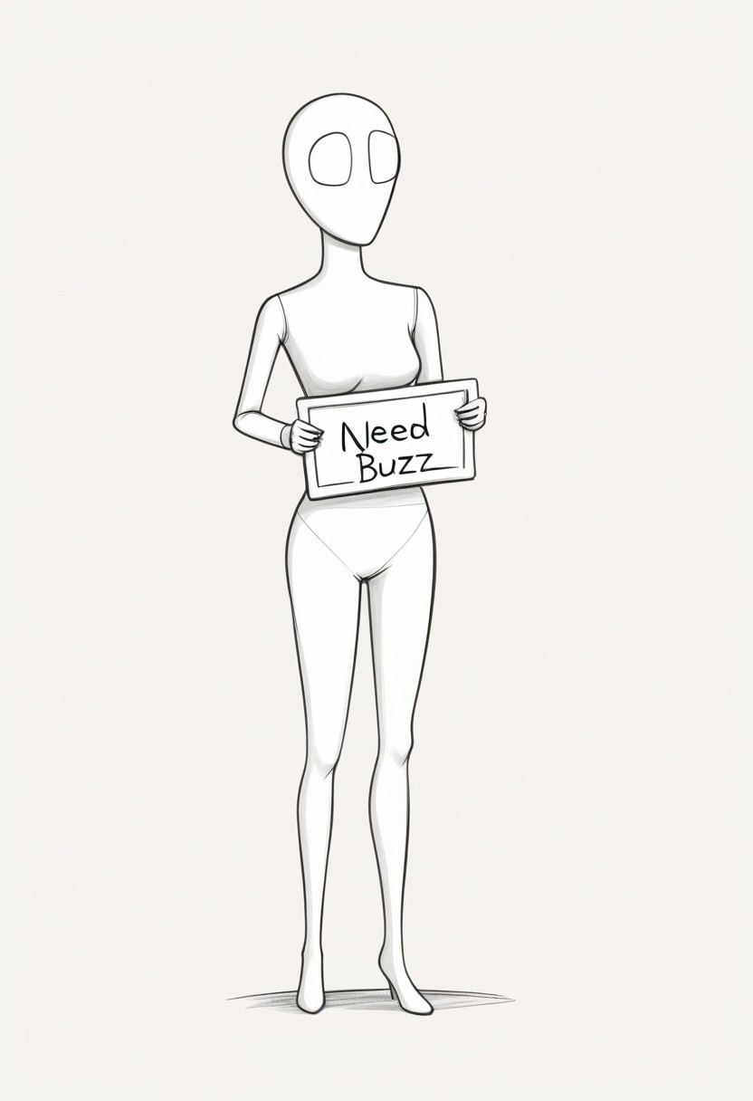 sketch, doodle, mannequinn, white body, faceless female, solo, breasts, navel, rating_safe, sfw, holding a sign that says: "I need buzz, please", simple background, 2d, cartoon