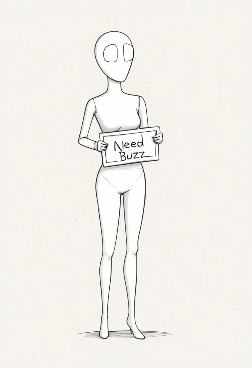 sketch, doodle, mannequinn, white body, faceless female, solo, breasts, navel, rating_safe, sfw, holding a sign that says: "I need buzz, please", simple background, 2d, cartoon