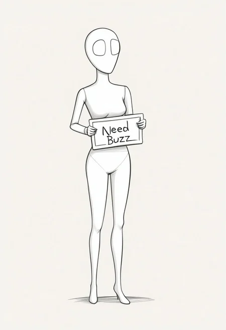 sketch, doodle, mannequinn, white body, faceless female, solo, breasts, navel, rating_safe, sfw, holding a sign that says: "I need buzz, please", simple background, 2d, cartoon