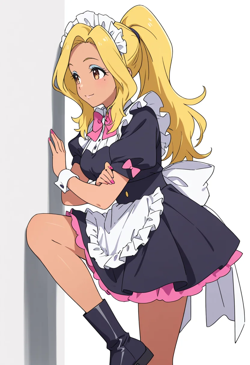 Smooth Quality,masterpiece,very intricate, high quality details, ultra realistic, high detailed skin,detailed enviorement,absurdres,
 <lora:Gotou_Shino_Shiipon_CNR:0.8> gotou_cnr, blonde hair,long hair, ponytail, brown eyes, dark-skinned female, mole, nail polish, eyeshadow,gotou_maid_cnr,maid, maid headdress, maid apron,black dress, short dress,puffy short sleeves, boots, frills,pink bowtie,, simple background, white background, from side,solo,
leaning against wall, one foot up, arms crossed, looking away,,, \(^o^)/,