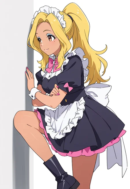 Smooth Quality,masterpiece,very intricate, high quality details, ultra realistic, high detailed skin,detailed enviorement,absurdres,
<lora:Gotou_Shino_Shiipon_CNR:0.8> gotou_cnr, blonde hair,long hair, ponytail, brown eyes, dark-skinned female, mole, nail polish, eyeshadow,gotou_maid_cnr,maid, maid headdress, maid apron,black dress, short dress,puffy short sleeves, boots, frills,pink bowtie,, simple background, white background, from side,solo,
leaning against wall, one foot up, arms crossed, looking away,,, \(^o^)/,