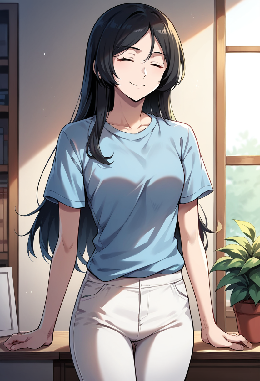 masterpiece, best quality, source_anime, uncensored, score_9, score_8_up, score_7_up, score_6_up, score_5_up, score_4_up, 1girl, solo, elijey, long hair, black hair, closed eyes, shirt, short sleeves, white pants, indoors, bedroom, smile <lora:Ephyr_SwordKing:0.85> <lora:add-detail-xl:0.6> <lora:cfg_scale_boost:0.5>