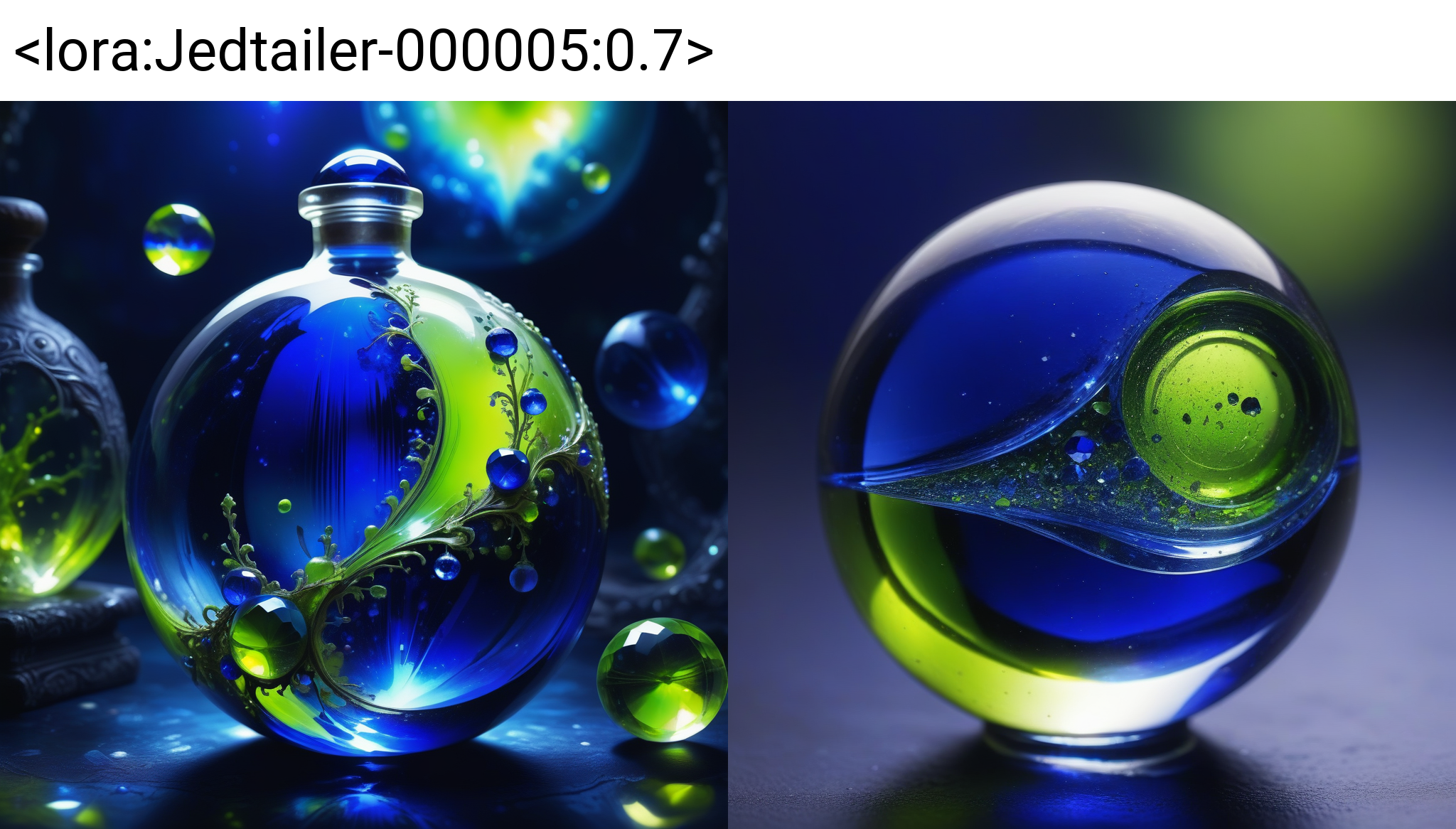 Cobalt Blue and Chartreuse Crystal Orb, The Bottle Deposit, positive emotional, ambient background, magical composition, magical, beautiful detailed, rich deep colors, beautiful, highly detailed, Jed-dtl, <lora:Jedtailer-000005:0.7>