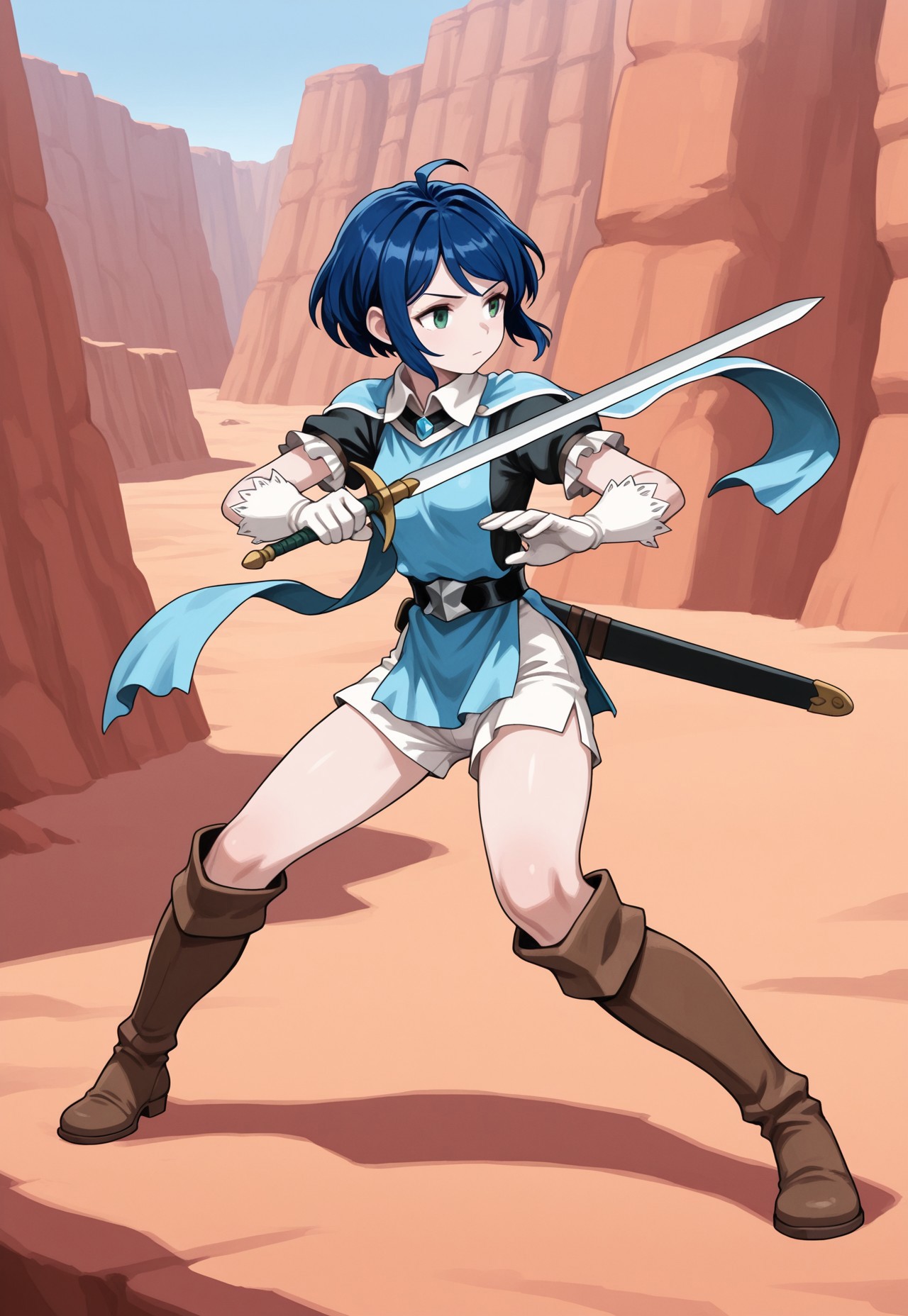 source_vanillaware,

full body,

1girl, solo,

LeahIL, Leah Unicorn Overlord,

green eyes, dark blue hair, sidelocks, short hair, small breasts,

white collar, blue scarves, black under-shirt, black waist belt, white frills, short sleeves, white gloves, white shorts, brown boots,

stoic, looking away, battle stance, hand in front, holding sword,

sword behind, shortsword,

canyon, desert,