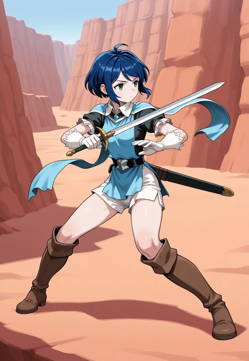 source_vanillaware,

full body,

1girl, solo,

LeahIL, Leah Unicorn Overlord,

green eyes, dark blue hair, sidelocks, short hair, small breasts,

white collar, blue scarves, black under-shirt, black waist belt, white frills, short sleeves, white gloves, white shorts, brown boots,

stoic, looking away, battle stance, hand in front, holding sword,

sword behind, shortsword,

canyon, desert,