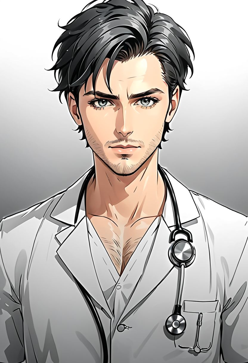 8K. (High quality scene:1.05), (masterpiece:1.07), (High details and aesthetics face:1.07), anatomy pencil sketches drawing. Anatomy of anime handsome sexy male doctor, (using the stethoscope:1.10)