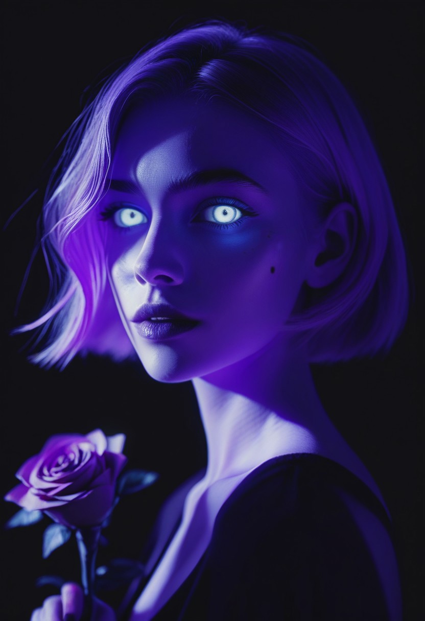 score_9, score_8_up, score_7_up, score_6_up, cinematic, cinema shot, film grain, depth of field, 1girl, flower, mole, solo, portrait, rose, glowing, mole under eye, parted lips, looking at viewer, simple background, black background, purple theme, glowing eyes, white eyes, short hair, highlights, boke