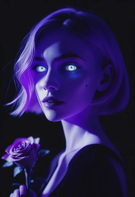 score_9, score_8_up, score_7_up, score_6_up, cinematic, cinema shot, film grain, depth of field, 1girl, flower, mole, solo, portrait, rose, glowing, mole under eye, parted lips, looking at viewer, simple background, black background, purple theme, glowing eyes, white eyes, short hair, highlights, boke