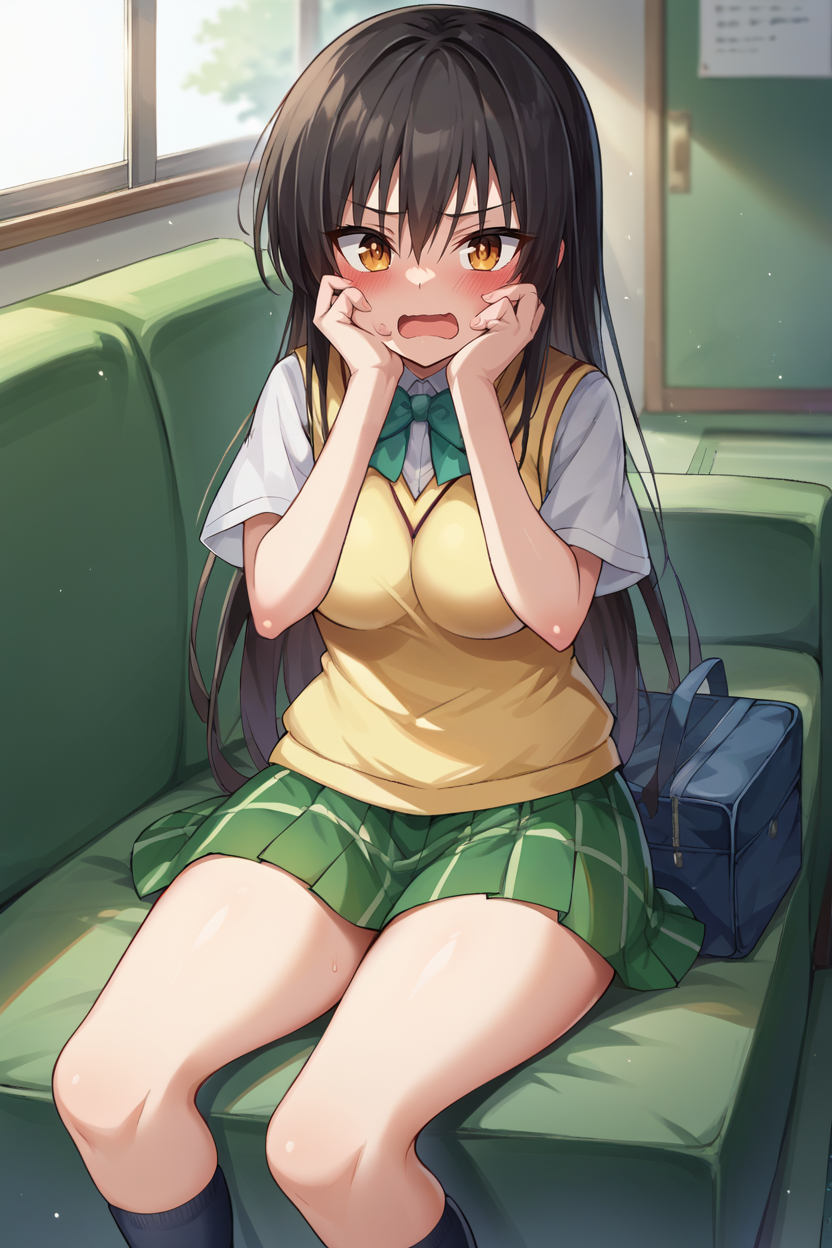 score_9, score_8_up, source_anime, BREAK 1girl <lora:kotegawayui-pdxl-nvwls-v1:1> kotegawayui, long hair, yellow sweater vest, white shirt, short sleeves, green bowtie, plaid miniskirt, green miniskirt, socks, loafers, sitting, putting hands on cheeks, embarrassed, blush, open mouth, looking at viewer, couch, indoors