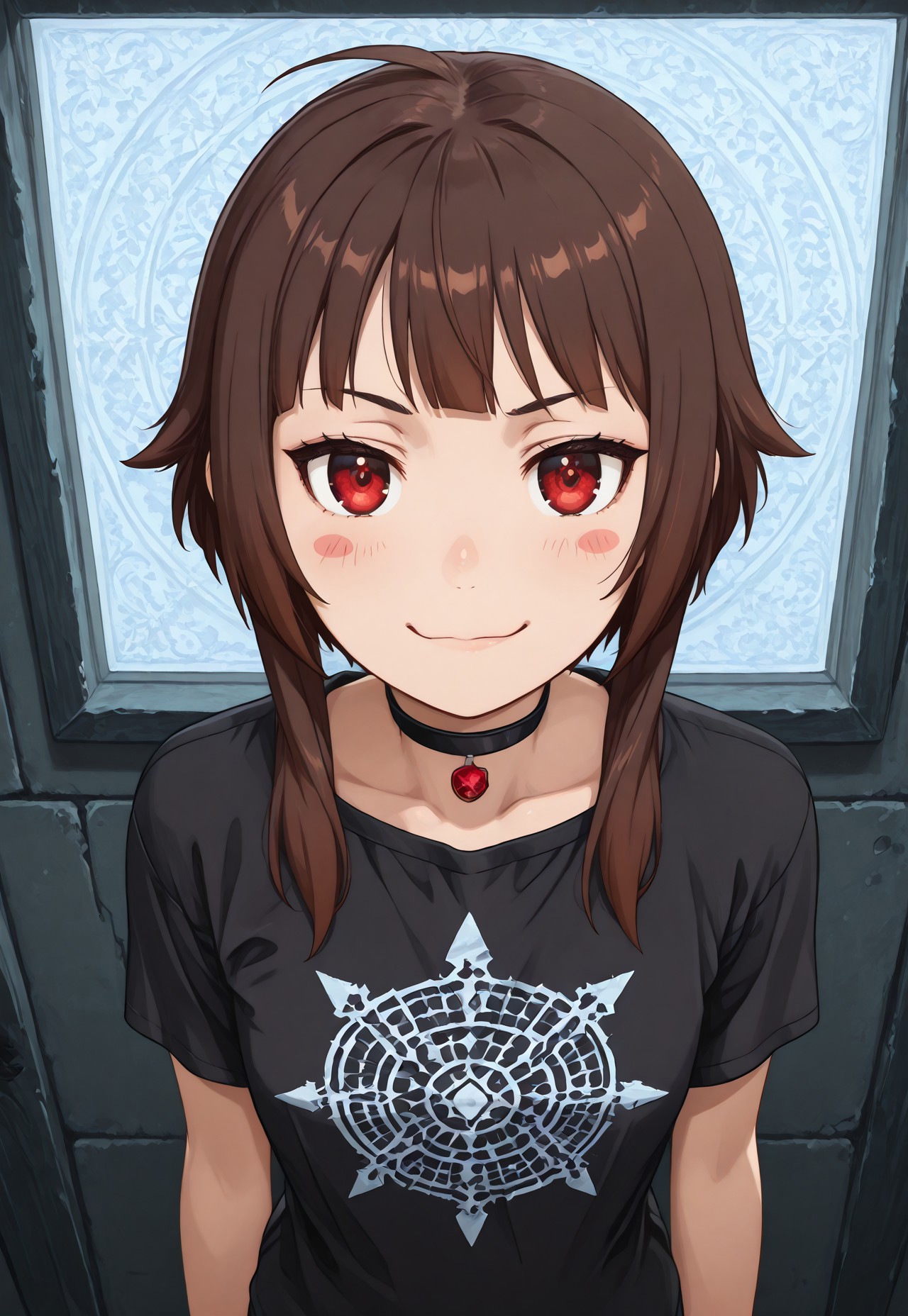 lavie, score_9, score_8_up, score_7_up, fantasy, highly detailed, pov, from below, close up, potrait, looking at the camera, sexy, woman, happy, eye focus, BREAK standing, leaning forward, BREAK kono subarashii sekai ni shukufuku wo!, megumin, 1girl, arms at sides, black choker, black shirt, blunt bangs, blush stickers, brown hair, choker, dot nose, illusion grid t-shirt, looking at viewer, meme attire, optical illusion, outline, pink outline, red eyes, shirt, short hair with long locks, short sleeves, simple background, smile, smug, solo, t-shirt, upper body, white background, BREAK dungeon-background, underground, stone wall, moss, torchlit, ,flatstyle, flat color, outlines, simple background, two-tone background, vivid, vibrant color, limited palette, vector art, side lighting, masterpiece, (best quality, absurdres, newest),twisted wonderland style,