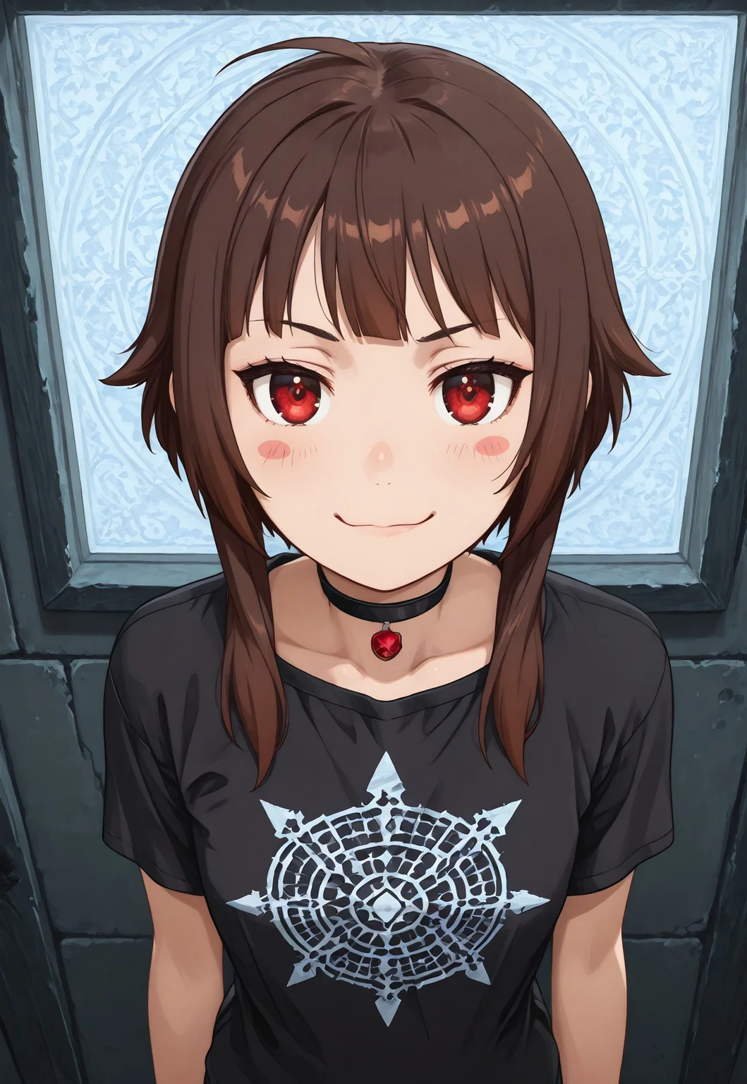 lavie, score_9, score_8_up, score_7_up, fantasy, highly detailed, pov, from below, close up, potrait, looking at the camera, sexy, woman, happy, eye focus, BREAK standing, leaning forward, BREAK kono subarashii sekai ni shukufuku wo!, megumin, 1girl, arms at sides, black choker, black shirt, blunt bangs, blush stickers, brown hair, choker, dot nose, illusion grid t-shirt, looking at viewer, meme attire, optical illusion, outline, pink outline, red eyes, shirt, short hair with long locks, short sleeves, simple background, smile, smug, solo, t-shirt, upper body, white background, BREAK dungeon-background, underground, stone wall, moss, torchlit, ,flatstyle, flat color, outlines, simple background, two-tone background, vivid, vibrant color, limited palette, vector art, side lighting, masterpiece, (best quality, absurdres, newest),twisted wonderland style,