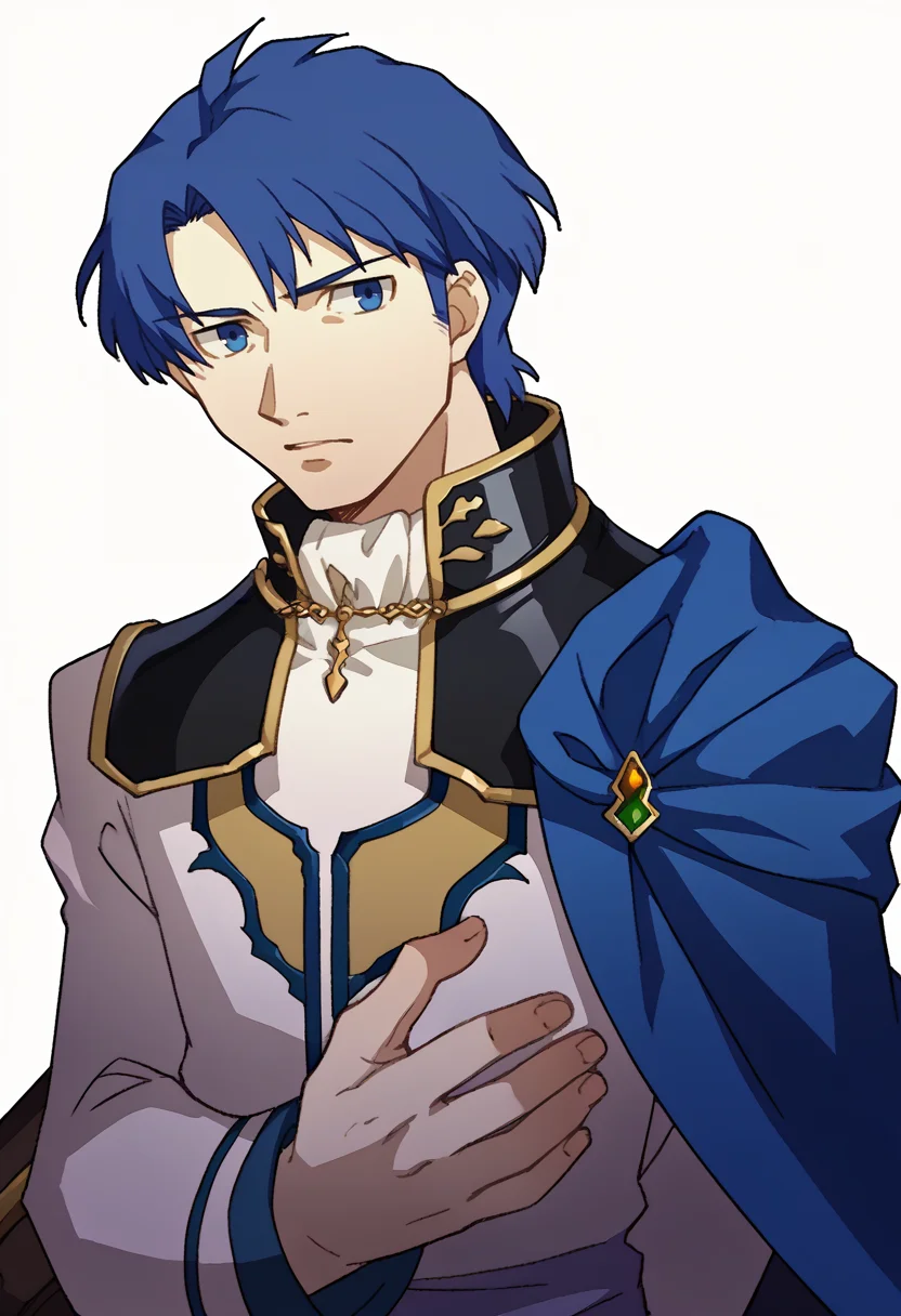score_9, score_8_up, score_7_up, source_anime, BREAK, solo, 1boy, looking at viewer,  <lora:Sigurd-pdxl_Fp:1>, sigurdfe4, blue eyes, blue hair, short hair, white coat, white pants, collar, armor, blue cape, long sleeves, <lora:P3-Portraits-pdxl_Fp:1>, simple background,