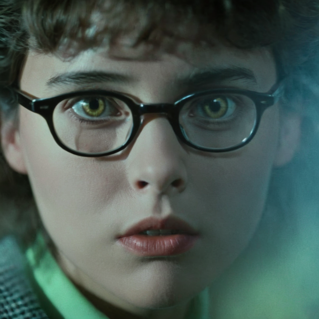 Horror-themed,  <lora:Fright Night 1985 Film Style:1>
Cinematic Closeup Shot Film Footage captured by Panavision Cameras, Alex a nerd looking young woman with glasses staring at camera with a surprise look on her fac Fright Night 1985 Film Style, Eerie, unsettling, dark, spooky, suspenseful, grim, highly detailed