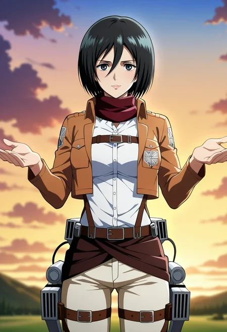 masterpiece, best quality, intricate details, anime screencap, anime coloring, official style, looking at viewer, depth of field, 1girl, solo, <lora:mikasa_ackerman_ilxl:0.9>, mikasa_ackerman, black hair, black eyes, hair between eyes, short hair, scarf, jacket, paradis military uniform, three-dimensional maneuver gear, sky carnival, cloud rides, rainbow slides, floating games, playing pose, happy expression, afternoon, Dark yellow Golf pants, SlateGray Shibori Suede Cargo shirt, , ,