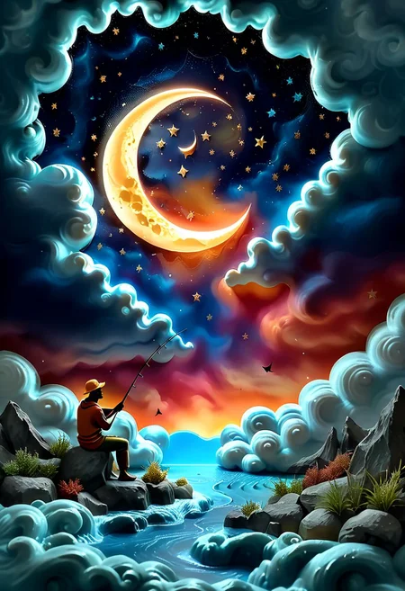 The silhouette of a fisherman fishing, fisherman sitting on the edge of a crescent moon in the sky, surrounded with stars, clouds, angels. vibrant, photo realism, Masterpiece, (8k:1), best quality, ultra detailed, best artist, micro details, sharp edges, detailed textures, (full body shot:1), atmospheric lighting, visually stunning, perfect composition, trending on artstation, clay
