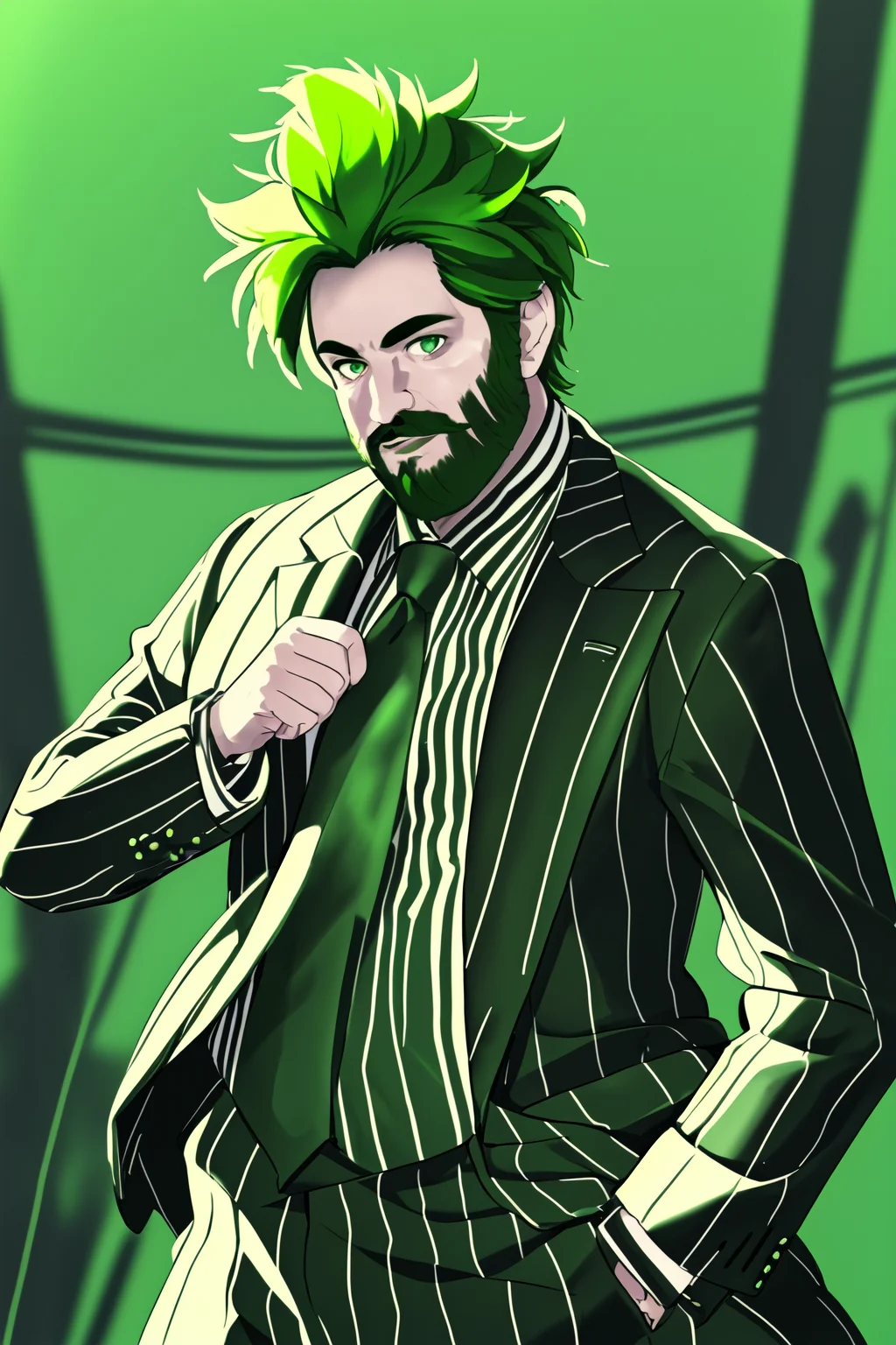 <lora:slimeTutorialFamily_beetlejuice:.7>  1boy, male focus, solo, Slime Tutorial, Alex Brightman as Beetlejuice, masculine, green hair,(masterpiece, best quality,ultra-detailed, highres, male focus), perfect face, side lighting, lustrous skin,(bloom), (shine), lighting, ray tracing, male focus, necktie, facial hair, 1boy, beard, formal, suit, green hair, striped,, bright green hair, mustache, manly, looking at viewer, green necktie, pants, shirt, jacket, pinstripe suit,depth_of_field, very detailed background, highly detailed background, Masterpiece, Ultra detailed, great composition, (Highest picture quality), (Master's work), depth of field, solo, extreme light and shadow, masterpiece, rich in detail, (highest quality), (masterpiece), (detailed eyes), (handsome) detailed, beautiful detailed eyes,(straight-on),(masterpiece), (best quality), (ultra-detailed), (best illustration),(best shadow),perfect lighting , perfect anatomy , vivid colors