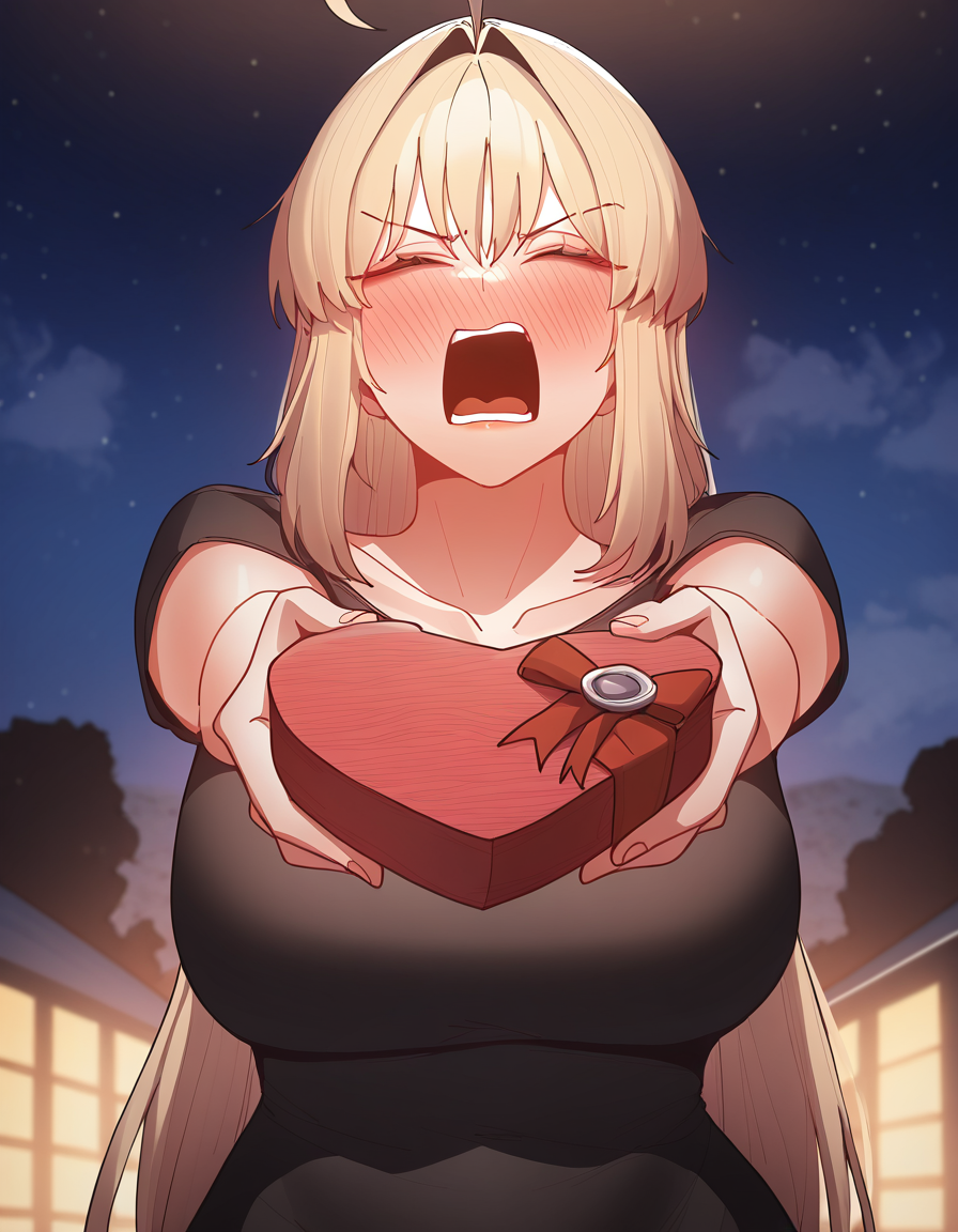 masterpiece, best quality, newest, absurdres, highres, safe,, <lora:bang-hyuna-manhwa-illustriousxl-lora-nochekaiser:1>, bang hyuna, long hair, bangs, blonde hair, large breasts, orange eyes, hair intakes, ahoge,, <lora:heart-shaped-box-ponyxl-lora-nochekaiser:1>, heart-shaped box, holding, box, gift, valentine, incoming gift, closed eyes, blush, open mouth, outstretched arms, outdoors, night sky, clouds, shouting,, , cowboy shot, solo