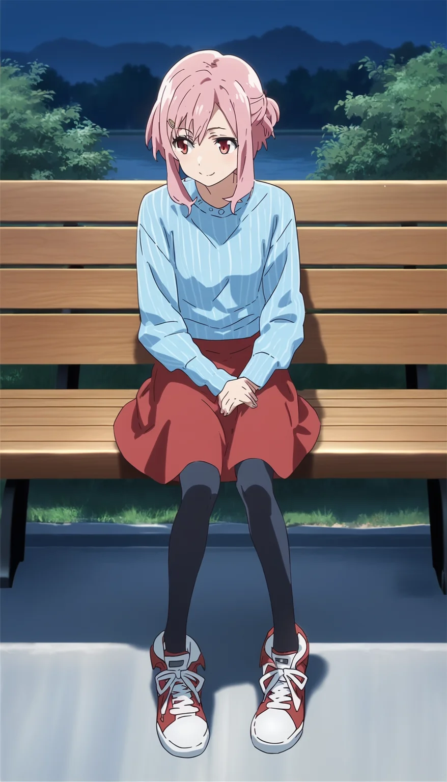 score_9,score_8_up,score_7_up,
<lora:yoshinokoharu:0.8>,yoshinokoharu,
1girl,solo,pink hair,short hair,bangs,red eyes,looking to the side,closed mouth,smile,white pullover,blue shirt,red skirt,black legwear,high-top isabelline canvas sneakers,full body,sitting on bench,hands on legs,facing viewer,outdoors,night,