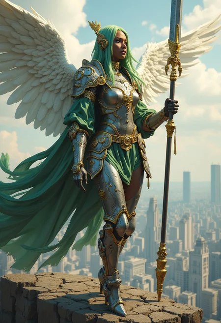 (score_9, score_8_up, score_7_up) black skin, rock arms, ((holy paladin angel woman)), full plate mail with angels adornment, very strong body, Mature woman, mature face, 35 years, large face,fringe, a lob long straight green hair, hands holding naginata lance in glorious posture, serious face, homare style, octane render, high detailed, ultra realistic, volumetric, looking horizon, golden eyes, overknee boots high heels, battle dress, flying in sky over a medieval huge city, steam punk tecnological googles