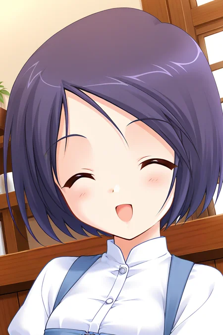 masterpiece, best quality, absurdres, official art, official style, rating general BREAK <lora:katsurazawahonami_IL_v1-2:0.7>, katsurazawa honami, 1girl, solo, purple eyes, purple hair, short hair, bob cut, parted bangs, swept bangs, small breasts BREAK casual, blouse, white shirt, dress shirt, collared shirt, underbust, buttons, juliet sleeves, blue dress, blue corset, cross-laced corset, standing, portrait, close-up, indoors, cafe,
blush, :d, :o, ^o^, closed eyes, facing viewer, happy, happy smile, looking at viewer, open mouth