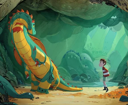 cartoon saloon, a young boy facing a dragon inside a cave <lora:Cartoon_Saloon_Style_XL_kk:1>