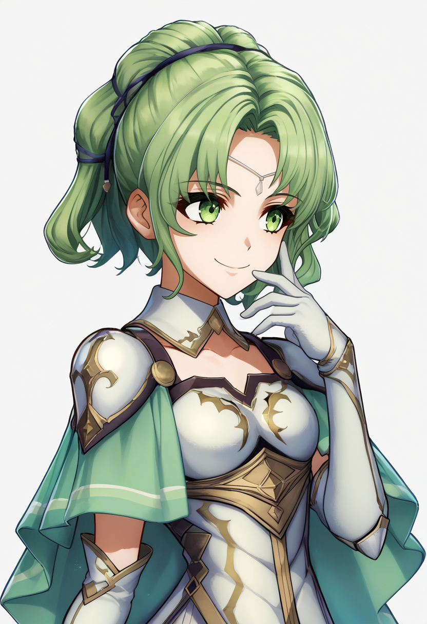 score_9, score_8_up, score_7_up, source_anime, 1girl, solo, <lora:zs_EngagePortraitsXL:1> engageportraits, portrait, white background ADDCOMM
smile, <lora:NSLArachelFE8:0.8> NSLArachelFE8, green eyes, green hair, circlet, hair ornament, pauldrons, white armored dress, green capelet, white elbow gloves, detached collar
