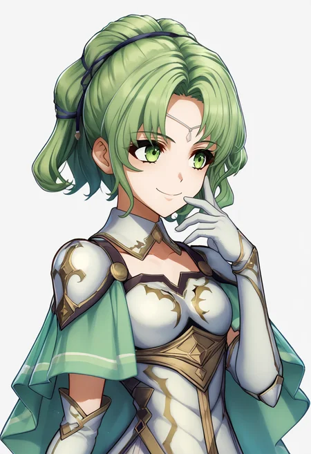 score_9, score_8_up, score_7_up, source_anime, 1girl, solo, <lora:zs_EngagePortraitsXL:1> engageportraits, portrait, white background ADDCOMM
smile, <lora:NSLArachelFE8:0.8> NSLArachelFE8, green eyes, green hair, circlet, hair ornament, pauldrons, white armored dress, green capelet, white elbow gloves, detached collar