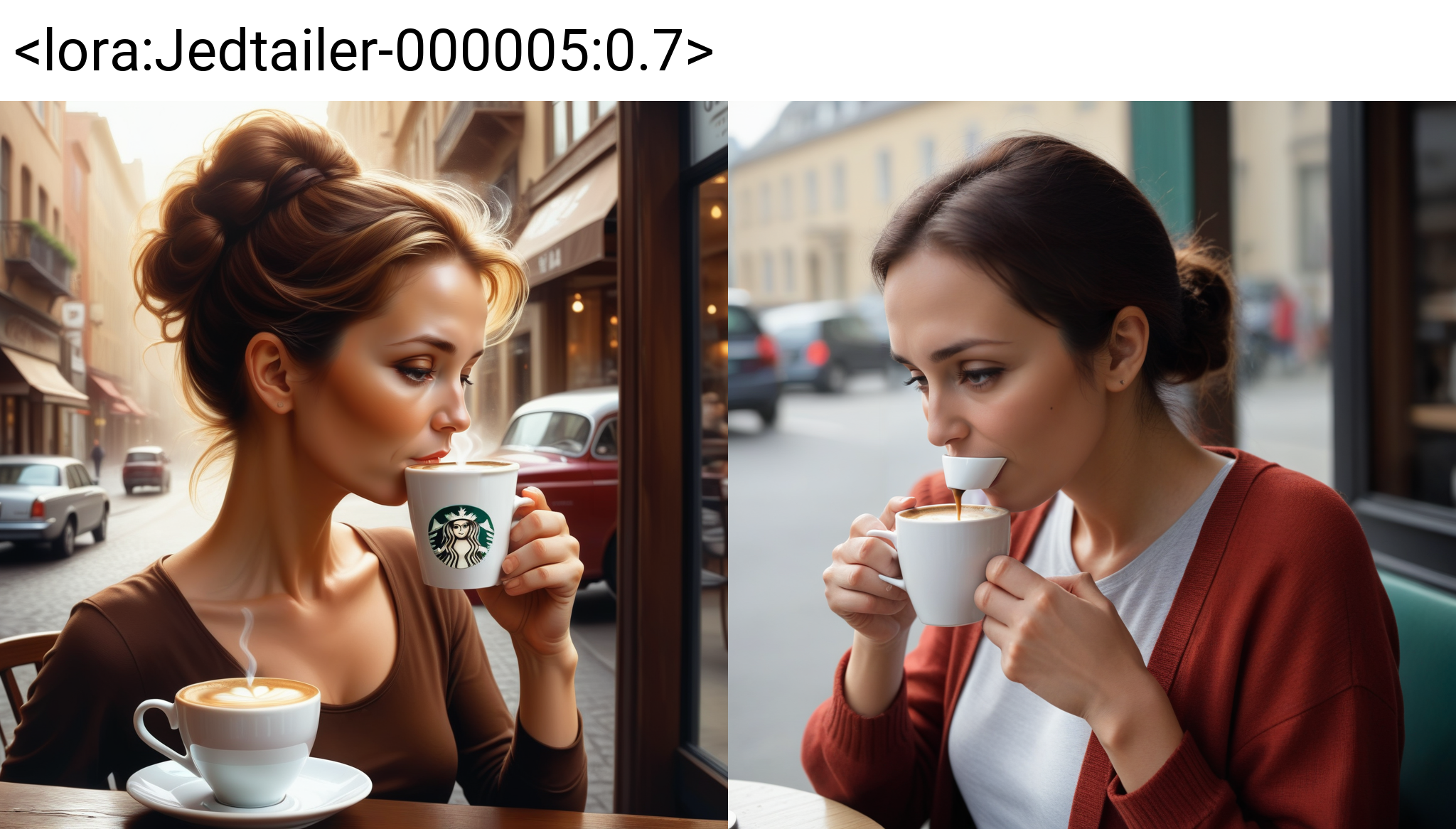 a woman drinking a coffee  , Jed-dtl  ,   <lora:Jedtailer-000005:0.7>