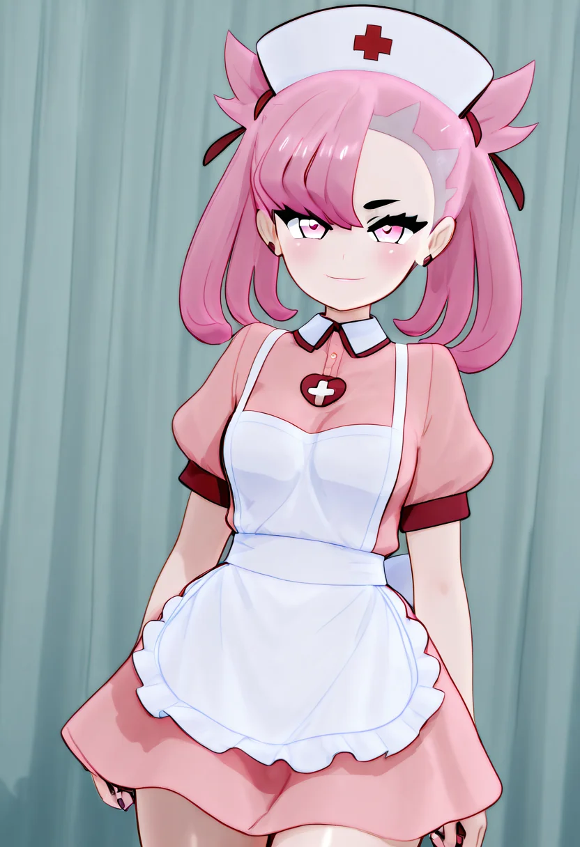 masterpiece, best quality, medium breasts, (curvy), BREAK, zzNurseMarnieCitron, pink eyes, hair ribbon, medium hair, pink hair, asymmetrical bangs, ribbon, nurse, pink dress, white apron, nurse cap, <lora:NurseMarnie_NAI:1.0>,smile, looking at viewer, cowboy shot, <lora:MantisNAI:1.0>,