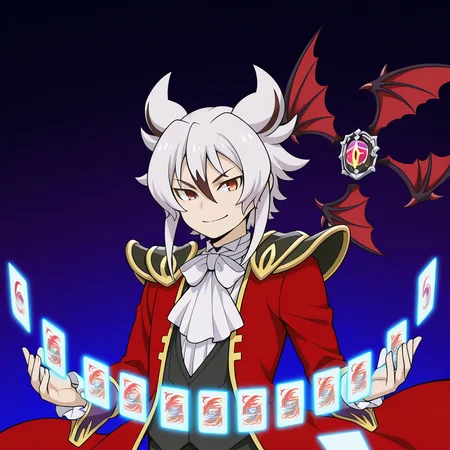 masterpiece,best quality,amazing quality BREAK kyoya gaen,male focus,1boy,dark core deck case\(wings\),bat wings,floating object,floating,smile,ascot,bowtie,solo,floating card,glowing card,armor,upper body,red coat,waistcoat,shoulder armor,<lora:Kyoya_Gaen_V2-3>,