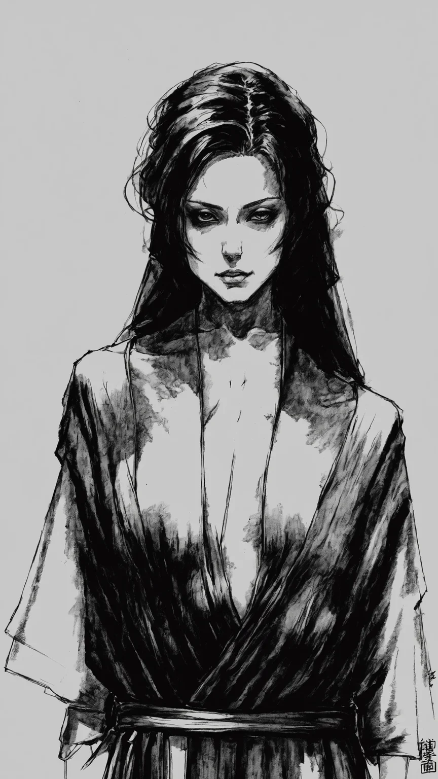 <lora:DarkInkAI:1> DarkInkAI, beautiful sexy woman in robes, inksketch