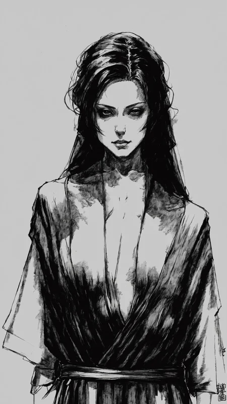 <lora:DarkInkAI:1> DarkInkAI,  beautiful sexy woman in robes, inksketch