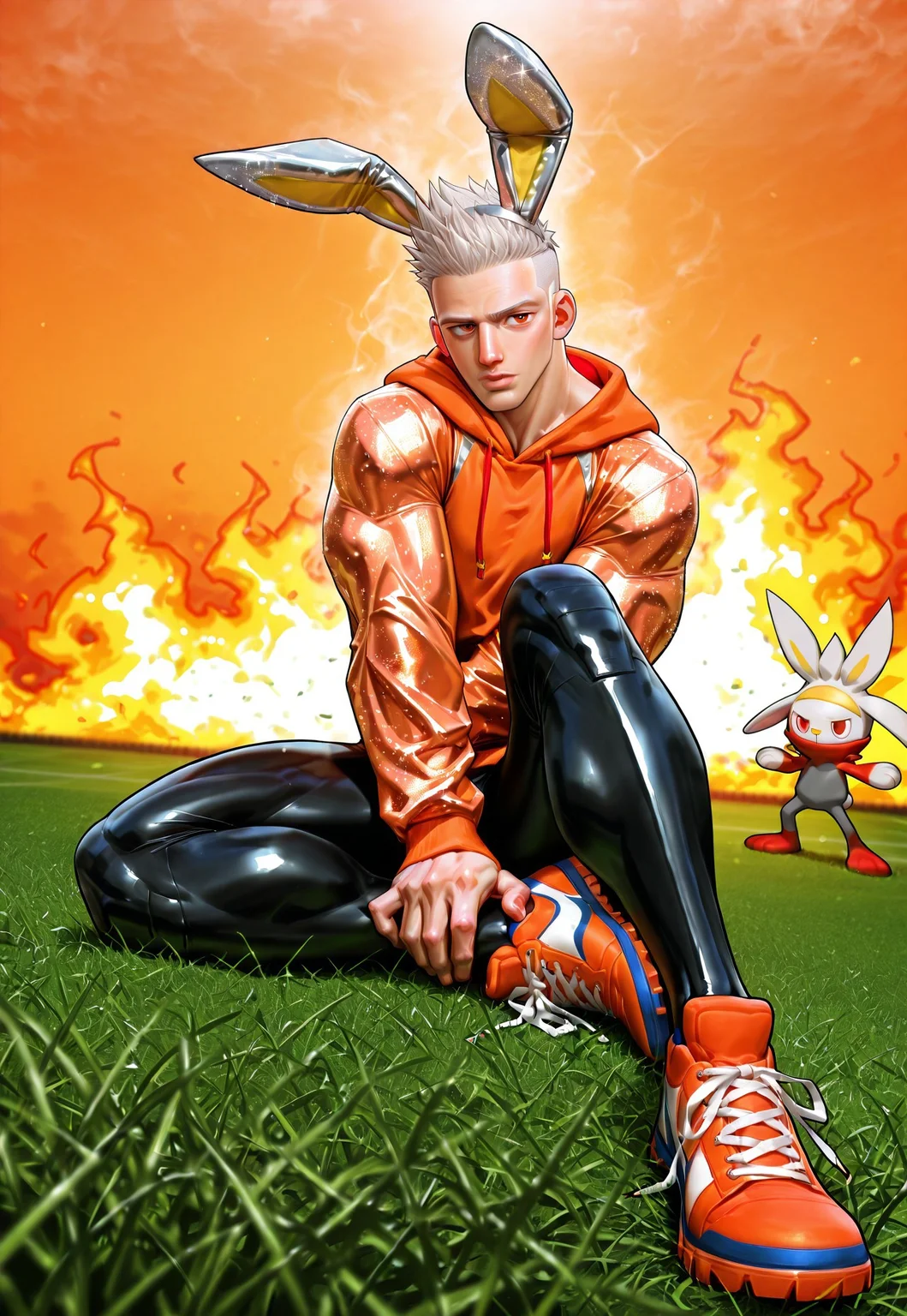 score_9, score_8_up, score_7_up, male_focus, male_only, MALE ONLY, MAN, MALE, MASCULINE, SOLO, SOLO SCENE, photo realistic, highly detailed, intricate details, detailed background, depth of field, 1boy, bara, perfect anatomy, masterpiece, best quality, absurdres, newest, action pose, dynamic angle, wide angle, digital art of a slim male dancing, 25 yo, 25 years old, gorgeous face, skinny, slim, blushed, bored, bored expression, light skin, short hair, gray hair, spiked hair, buzzcut, gorgeous face, young face, puffy lips, shiny skin, tiny waist, RABOOT, raboot, covered in glitter, GLITTER, wearing gray rabbit ears, wearing a an orange hoodie, wearing black leather pants, wearing orange sneakers, SNEAKERS, sitting on a field, soccer field, surrounded by fire, glitter outfit, orange background, neon background, cinematic composition, intense expression, seductive, steamy, ultra-detailed, detailed skin, cinematic lighting