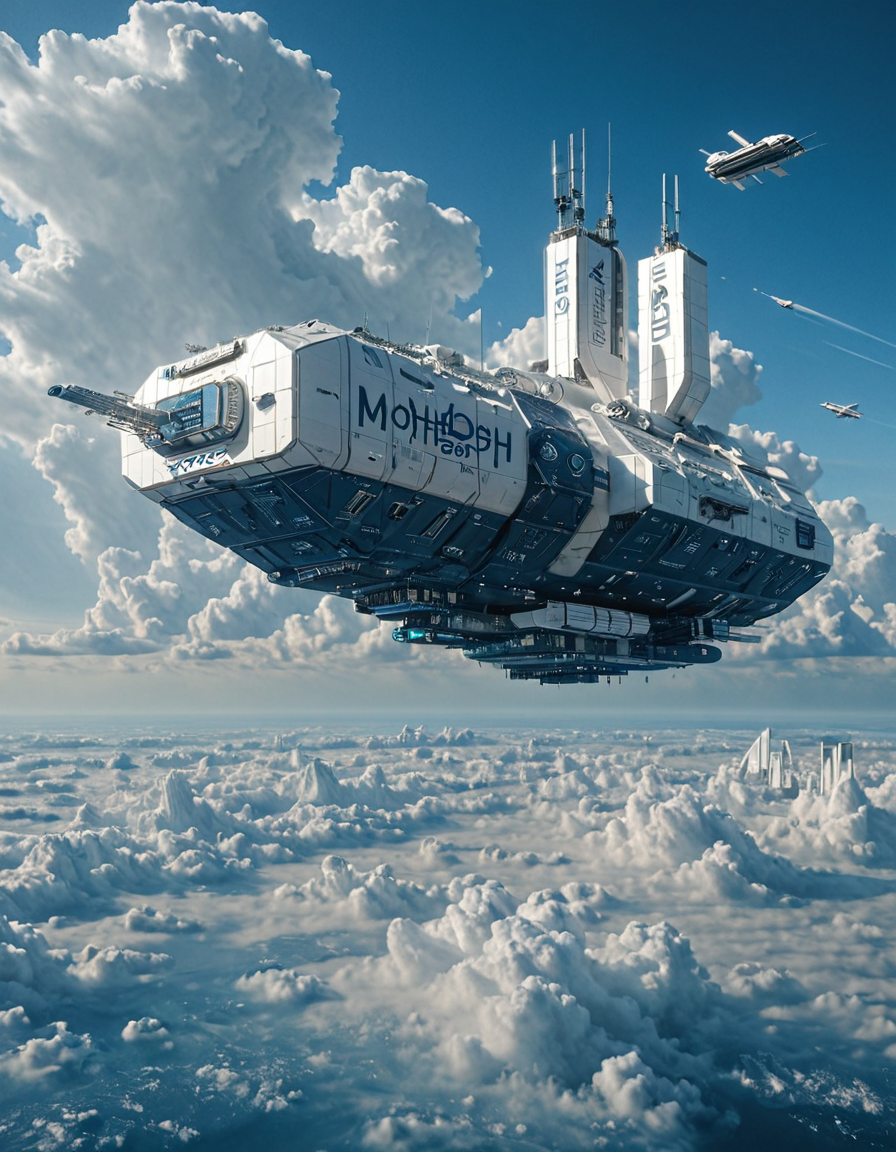 <lora:Space_Worlds_Minis_3v2:1> swminis3all, Test1, kanji, white, science fiction, above sea, outdoors, spaceship, sunset, mountains, blue sky, mothership, in the clouds, mist