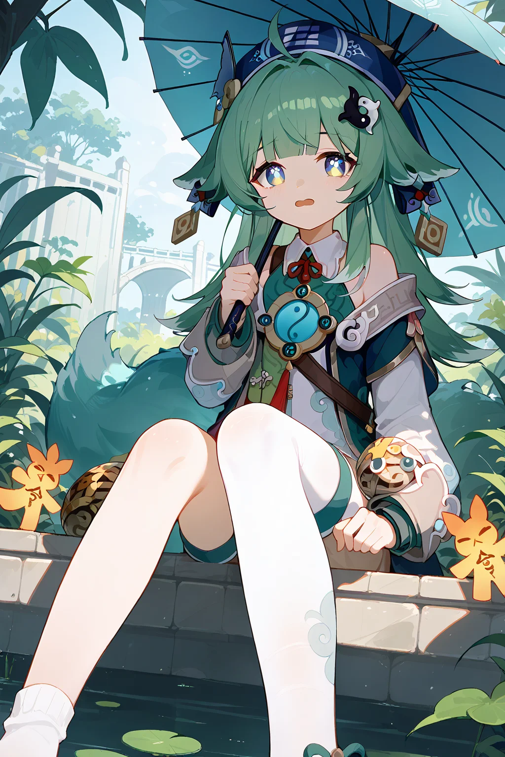 (score_9,score_8_up,score_7_up),<lora:HuoHuo(Honkai Star Rail)-v1-000008:1>,HuoHuo(Honkai: Star Rail),lily pad,1girl,solo,umbrella,oil-paper umbrella,hat,sitting,blue eyes,thighhighs,looking at viewer,tail,long hair,outdoors,bridge,socks,single thighhigh,good feet,long sleeves,open mouth,fox tail,
anime,NSFW,expressive,amazing quality,ultra hd 32k,