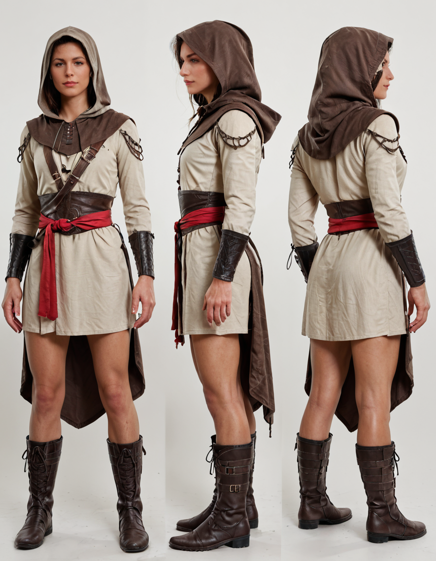 , masterpiece, best quality,  <lora:characterDesignSheetQuiron_illus:1>   characterDesignSheetxQuiron,    standing, full body,  multiple views, Ezio Auditore (Assassin's Creed): Ezio's white assassin robes consist of a long-sleeved tunic with a hood, decorative patterns, and a red sash around the waist. He wears leather bracers, boots, and a brown belt with a hidden blade mechanism.