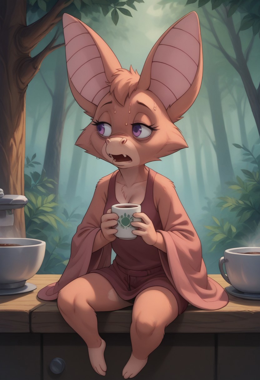 score_9, score_8_up, score_7_up, score_6_up, 1girl, hi_res, Foxglove bat, bat, bat tail, one tail, bat anthro, Cartoon, detailed background, very big bat wings, wings much bigger than body, negative_hand, slim, small breasts, big eyes, 4fingers, 4k, ultra detailed, focus eyes, short bat legs, beautiful legs, tired face, (summer forest:1.4),  heavy breathing, open mouth, sweating, sports bra, cleavage. full body view, front view,
solo, long hair, purple eyes, wear only bathrobe, one hand holding a cup of coffee, one hand at side, leaning back, sleepy eyes, bags under eyes, Perfect Hands, kitchen background, areola peek, perfect hands