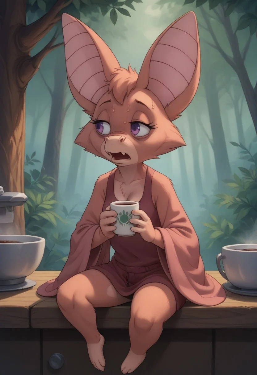 score_9, score_8_up, score_7_up, score_6_up, 1girl, hi_res, Foxglove bat, bat, bat tail, one tail, bat anthro, Cartoon, detailed background, very big bat wings, wings much bigger than body, negative_hand, slim, small breasts, big eyes, 4fingers, 4k, ultra detailed, focus eyes, short bat legs, beautiful legs, tired face, (summer forest:1.4), heavy breathing, open mouth, sweating, sports bra, cleavage. full body view, front view,
solo, long hair, purple eyes, wear only bathrobe, one hand holding a cup of coffee, one hand at side, leaning back, sleepy eyes, bags under eyes, Perfect Hands, kitchen background, areola peek, perfect hands