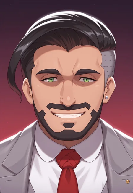 solo, masterpiece, modern, new, 1boy, male, masculine face, daddy looking face,

PokemonRose, black hair, facial hair, green eyes, grey jacket, shirt, necktie, portrait, headshot, looking at viewer, smiling