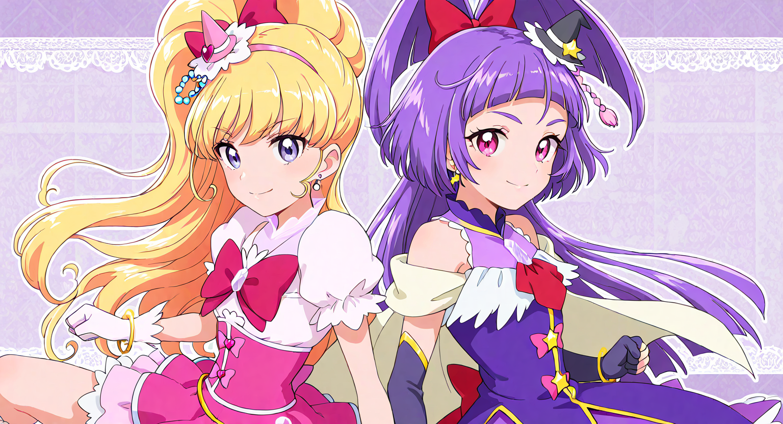 <lora:mahoutsukai_precure_all_in_one_illustXL_locon_v1:0.7> masterpiece, best quality, absurdres, very aesthetic, general, purple background, 2girls,
cure miracle, cure miracle \(diamond style\), crmrcldiamond, blonde hair, high ponytail, half updo, very long hair, shiny hair, hair beads around ponytail, eyebrows visible through hair, purple eyes, eyelashes, mini witch hat, pink headwear, heart hat ornament, pink hairband, hair ornament, pearl \(gemstone\), tilted headwear, red bow, hair bow, earrings, pink dress, white shirt, puffy short sleeves, red bowtie, red neckwear, brooch, pink skirt, layered skirt, corset, dress bow, pink bow, multicolored waist gem, white gloves, elbow gloves, bracelet, white socks, white legwear, smile, looking at looking at viewer, from side, back-to-back, fighting stance, clenched hands, upper body, 
cure magical, cure magical \(diamond style\), crmgcldiamond, purple hair, blunt bangs, shiny hair, very long hair, wide ponytail, half updo, purple eyes, pink eyes, eyelashes, eyebrows visible through hair, mini witch hat, black headwear, hair ornament, hat ornament, tilted headwear, pom pom hair ornament, star hair ornament, star hat ornament, red bow, hair bow, earrings, purple dress, cape, capelet, pink bow, bare shoulders, star ornament, brooch, gem, purple skirt, back bow,  black gloves, elbow gloves, detached sleeves, bracelet, arm warmers, red neckwear, frills, smile, looking at looking at viewer, from side, back-to-back, fighting stance, clenched hands, upper body,