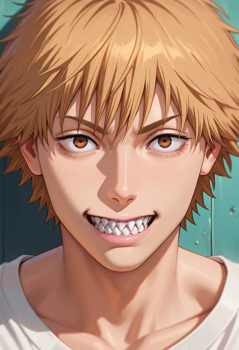 masterpiece, best quality, , (photorealistic:0.6), , 1boy, solo, male focus, <lora:denji_chainsaw_man_ilxl:0.96>, denji_chainsaw_man, blonde hair, brown eyes, short hair, bangs, sharp teeth, , ,